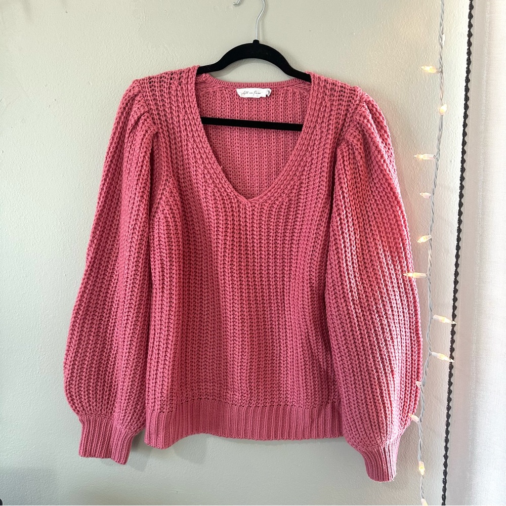 All in Favor V-Neck Balloon Sleeve Pink Knit Sweater Medium